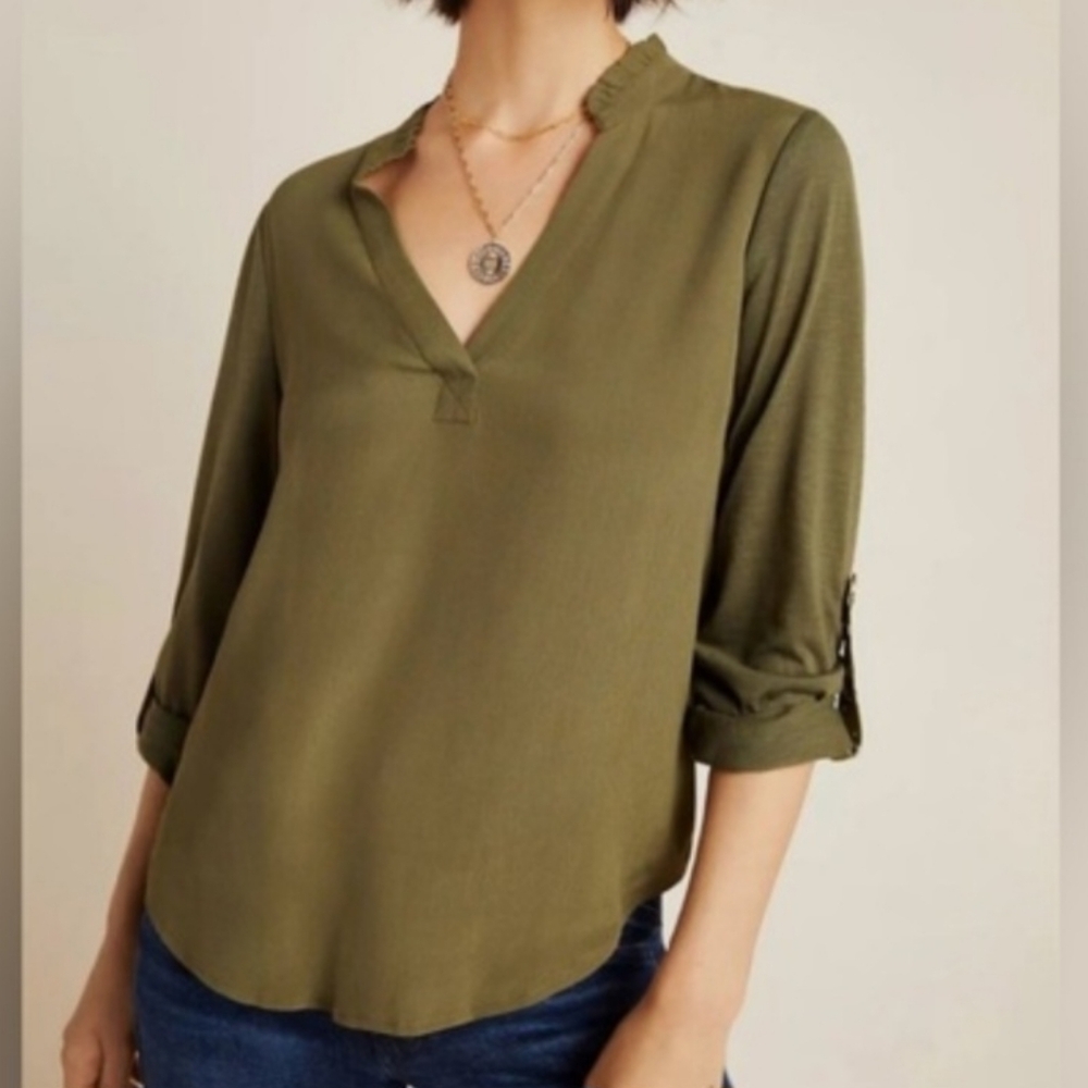 Women’s Porridge Clothing Olive Green V-Neck Blouse Size LARGE